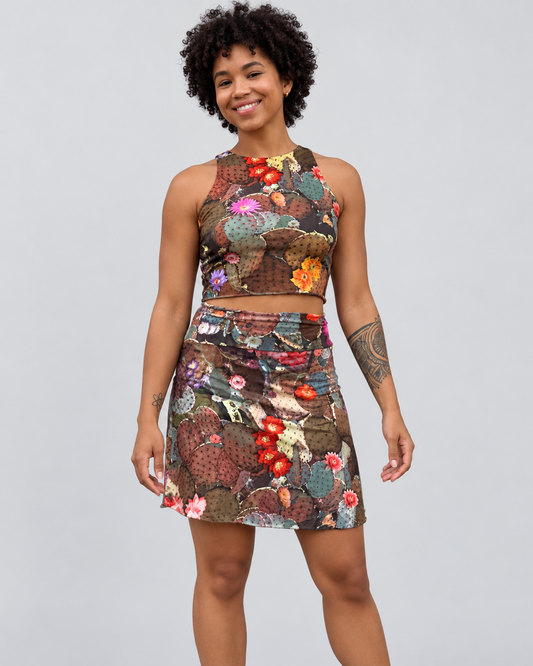 Front view of the Cactus Bloom A-line skirt with coordinating cactus-print tank.