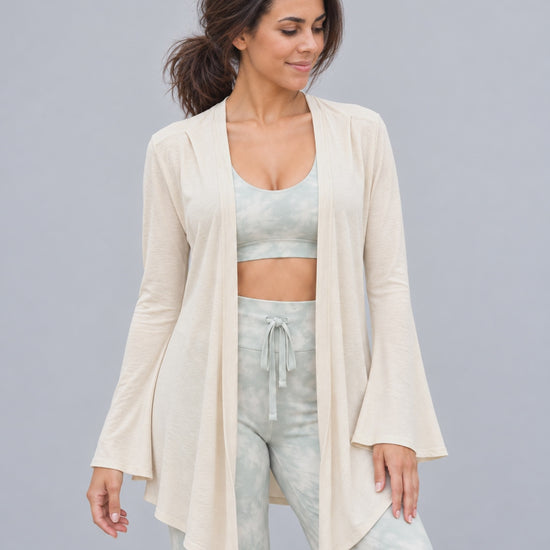 Vanilla Bell Sleeve Wrap Cardigan — open, loose front tie, and wrapped styling
