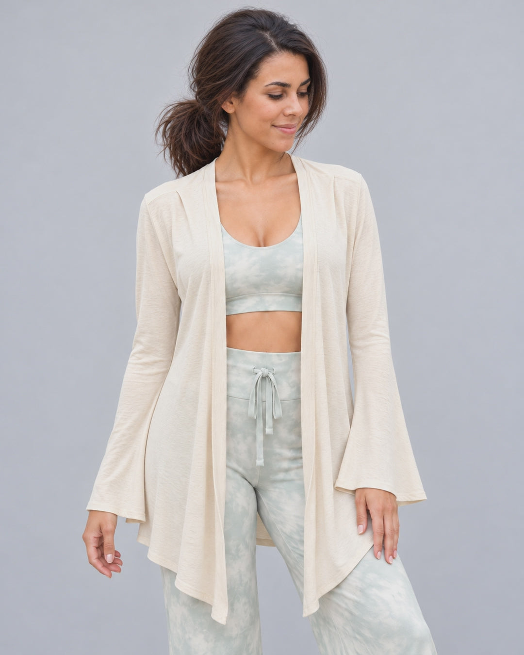 Vanilla Bell Sleeve Wrap Cardigan — open, loose front tie, and wrapped styling