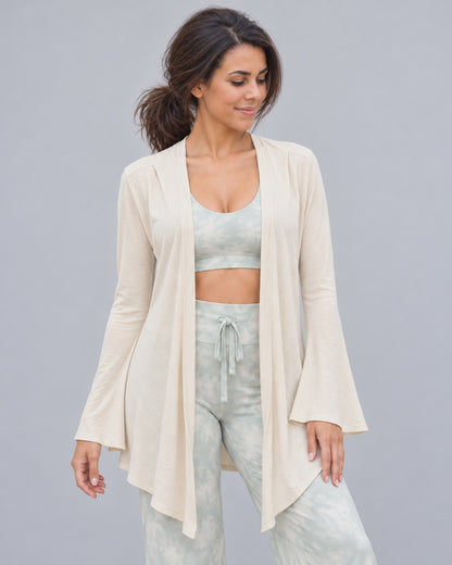 Vanilla Bell Sleeve Wrap Cardigan — open, loose front tie, and wrapped styling