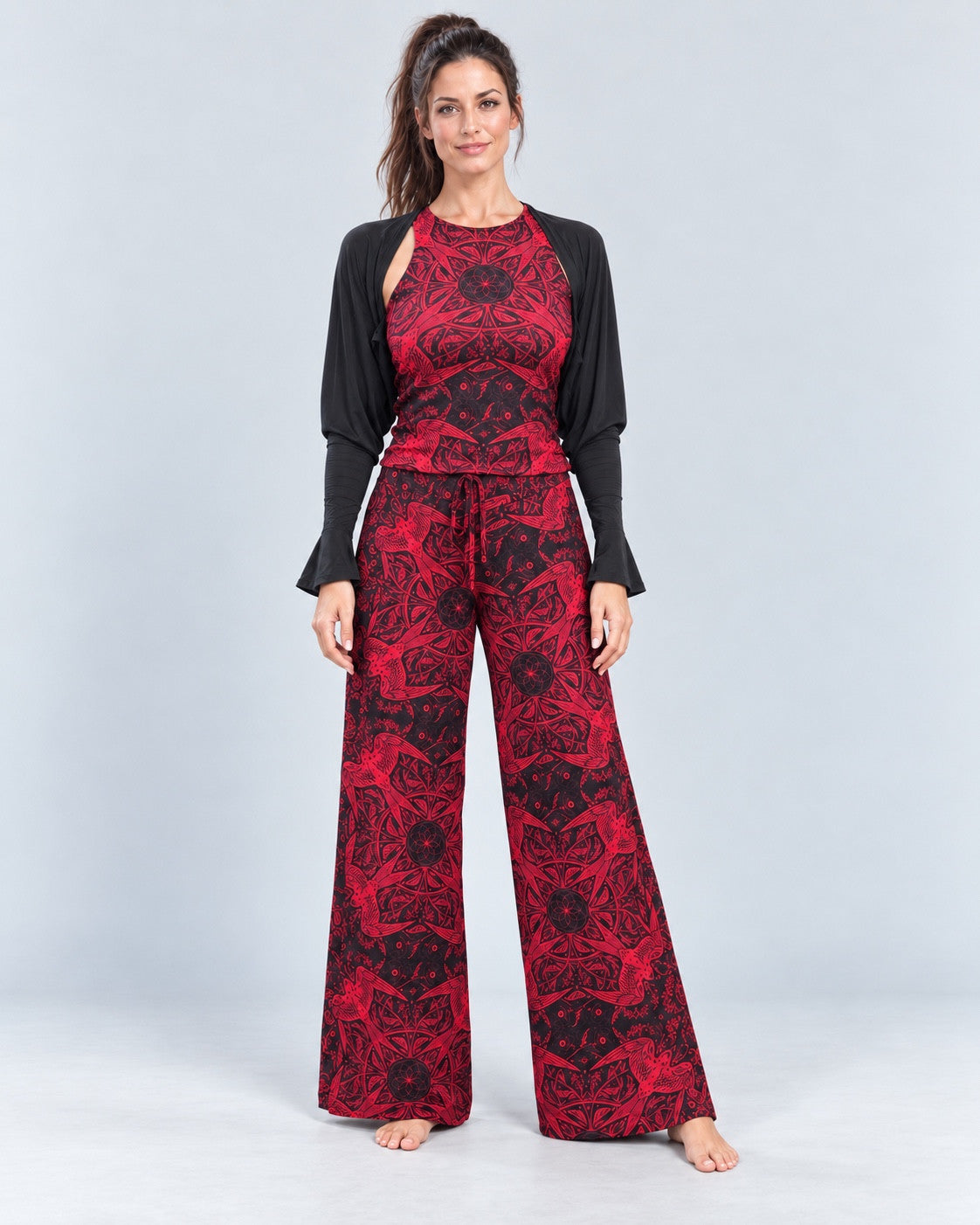 Red Swallow Lounge Pant and printed Just-Right Tank styled with a black shrug, studio front view.