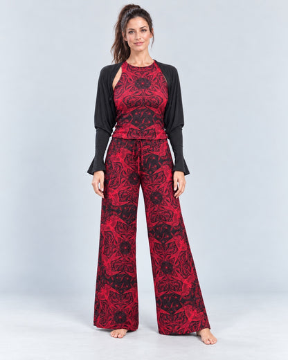 Red Swallow Lounge Pant and printed Just-Right Tank styled with a black shrug, studio front view.