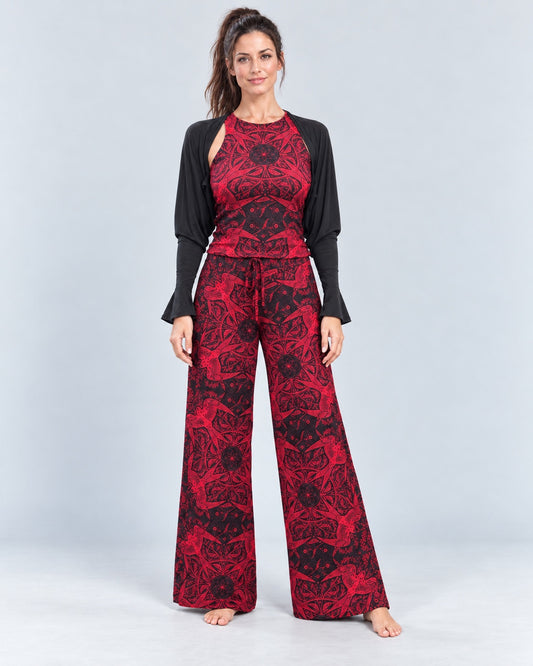 Red Swallow Lounge Pant and printed Just-Right Tank styled with a black shrug, studio front view.
