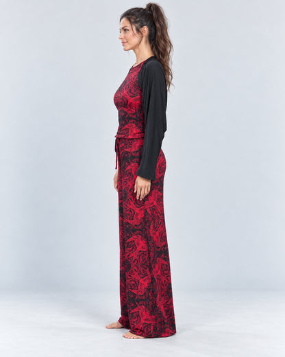 Red Swallow Lounge Pant side view, styled with the printed tank and black shrug.