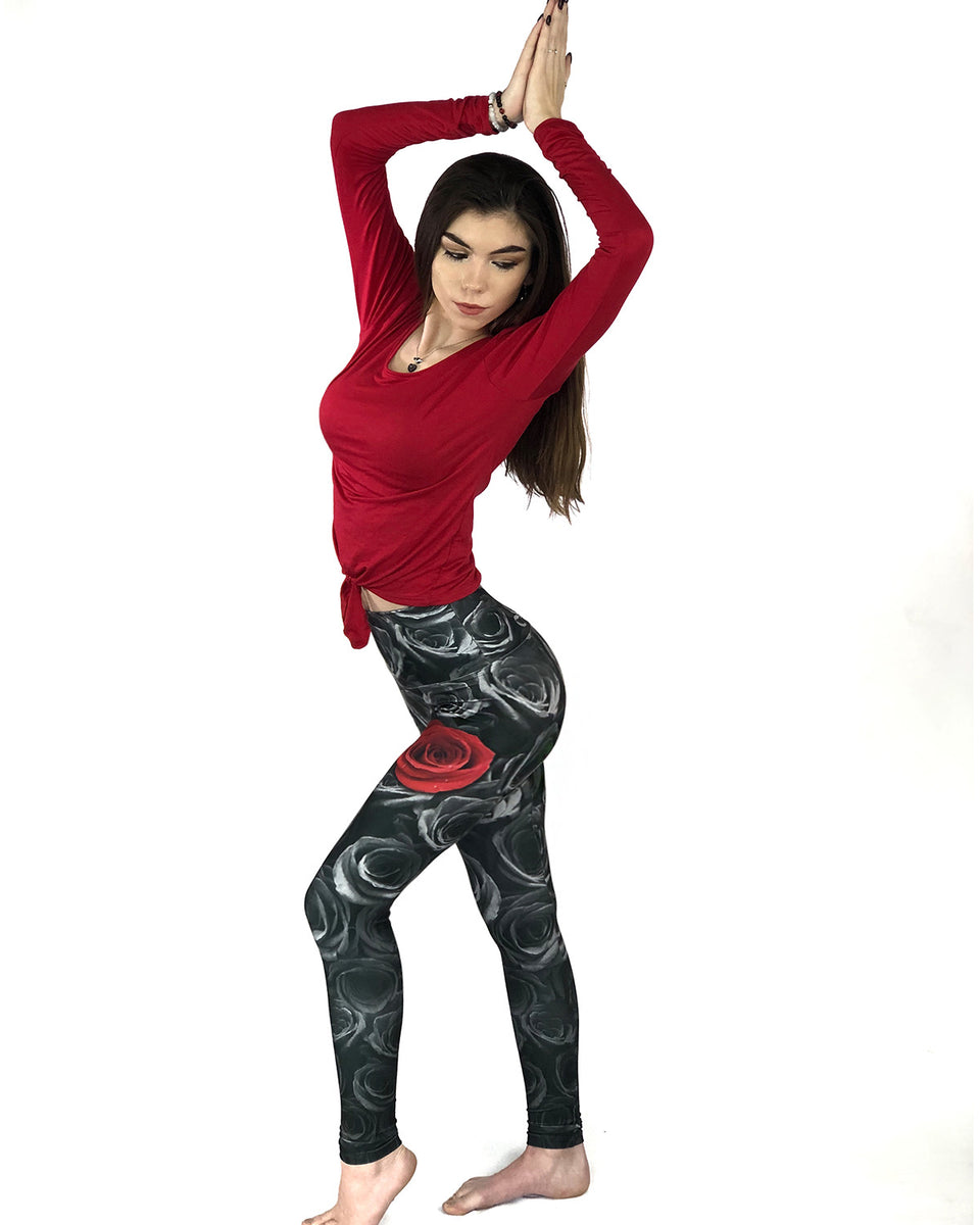 Red Roses On Black - Leggings at  Women's Clothing store: Leggings  Pants